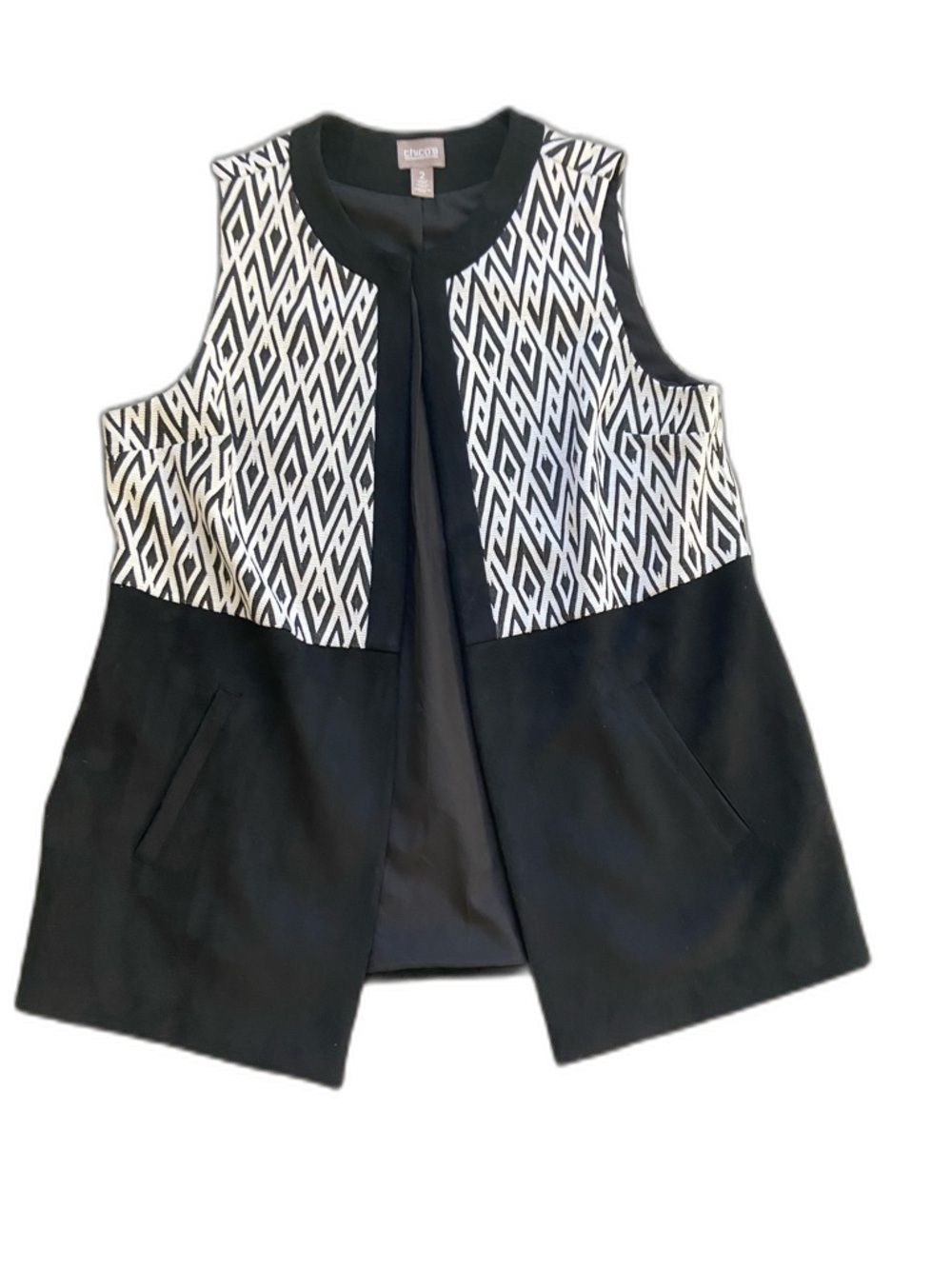 Chico's Black and White Patterned Sleeveless Jacket Vest SZ 2